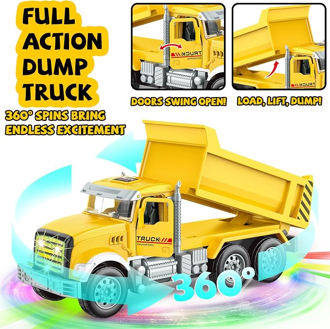 Car Toys for Toddlers, Dump Truck Toy with 1 Self-Lifting Bed, Lights Music Toy Trucks Construction Vehicle with 2 Opening Doors,Toys for 3 4 5 6 Year Old Boy Girl, Kids Christmas Birthday Gifts