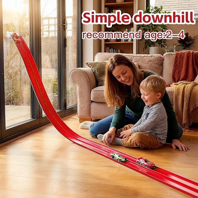 16.5 Ft Flexible Race Track for Kids, Portable DIY Roll-Up Racetrack Set Compatible with Diecast 1/64th Cars - Includes 8 Racing Cars & Super-Grip Gravity Ramp, Birthday Gift for Boys Girls 3-8, Red