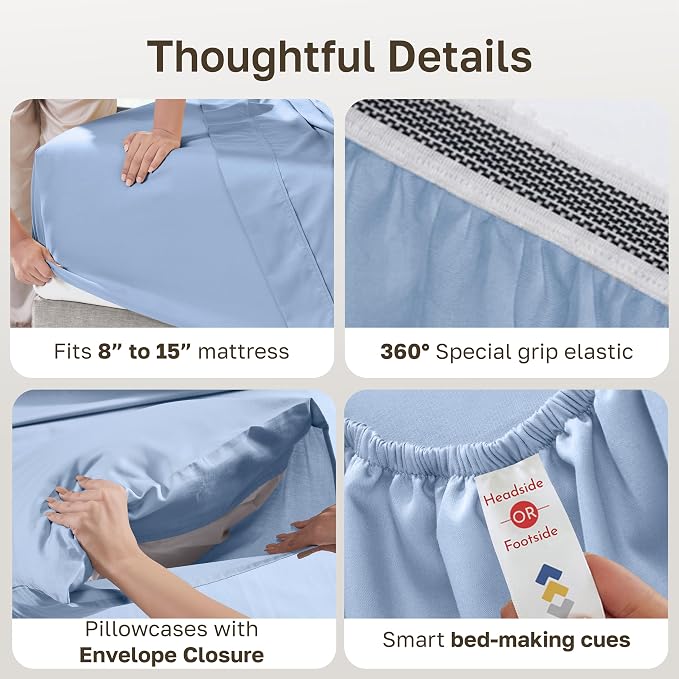 California Design Den Full Size Bed Sheets Set - Soft 100% Organic Cotton Sheets, Crisp and Cool Percale, Deep Pockets with Anti-Skid Elastic, Breathable and Durable Bedding Set - Light Blue