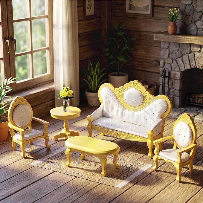 Skylety 7 Pcs Wooden Dollhouse Furniture Set 1: 12 Scale Victorian Dollhouse Bedroom Furniture, Bed Dressing Table Wardrobe Carpet for Adults Toys Miniature Doll House Accessories(Gold,Fashion)