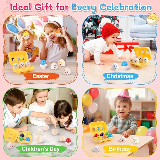 USATDD Easter Egg Toys Hide & Squeak Matching Eggs for Toddlers, Color Recognition Sensory Learning Toys, Fine Motor Skills Montessori Geometric Eggs Gifts for Kids Easter Basket Stuffers