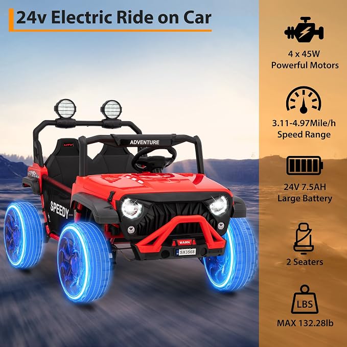 24V Ride on Car for Big Kids, Iron 2 Seater Ride on Toy, Fast 4.97MPH Truck, 4WD Kids Electric Vehicles with Remote Control, Spring Suspension, Front & Behind LED Lights, Dual Storage, Music,