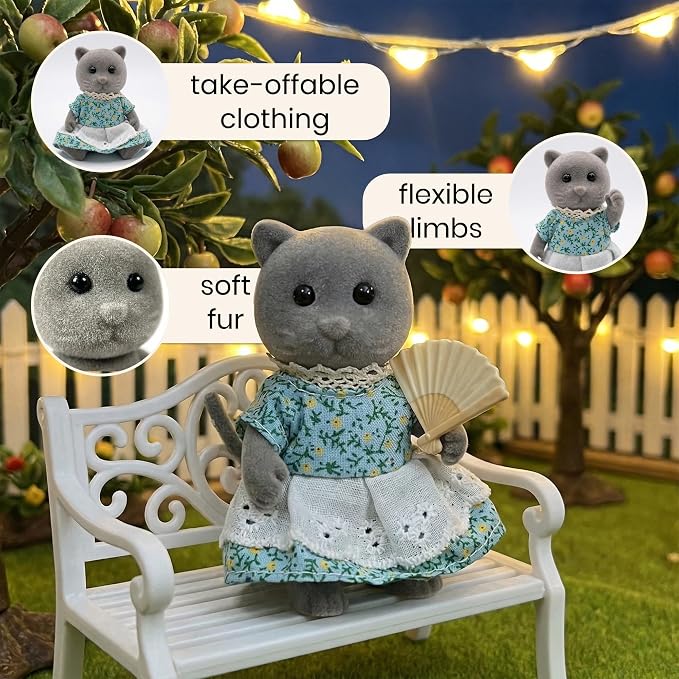 Family Gray Cat Figures — Set of 2 Collectible Flocked Mini Dolls with Removable Clothes, Dollhouse Pretend Play Set for Kids Ages 3+