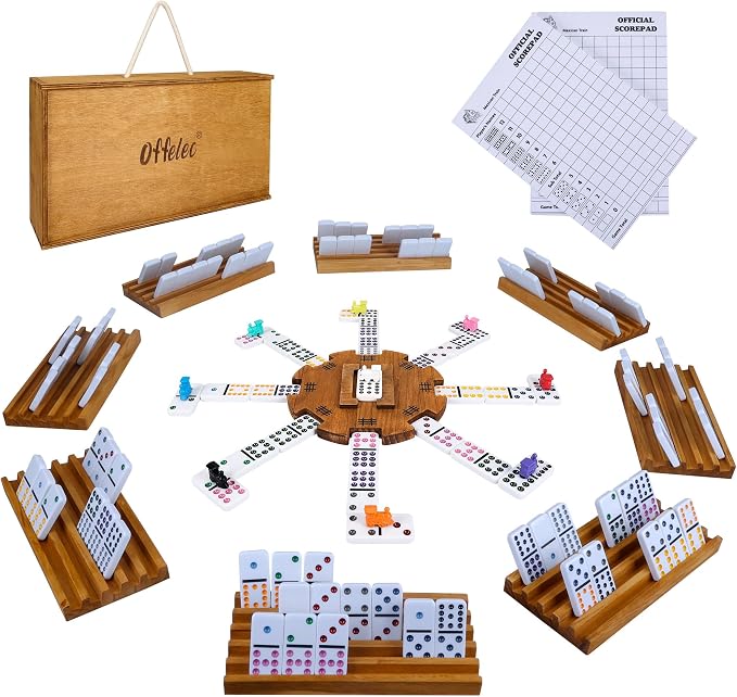 Offelec Mexican Train Dominoes Set with 8 Holders, Double 12 Dominos Set for Adults, Mexican Dominoes Train for Kids and Family Game, Mexican Train Games with 91 Colored Tile Dominos and Wooden Box