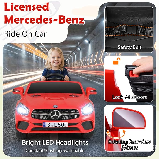 Costzon Ride On Car, 12V Licensed Mercedes Benz Electric Vehicles with Parent Remote Control, LED Headlights, Music & Wireless Connection, Kids Car for Boys Girls Aged 3-8 (SL500,Red)