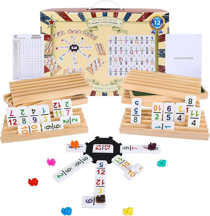 Mexican Train Dominoes Set Double 12 with Numbers, Dominoes Set for Adults and Family, Mexican Train Double 12 Numbers Dominos Set - 91 Tiles, 9 Trains, 8PCS Wooden Holders, Hub, Instruction