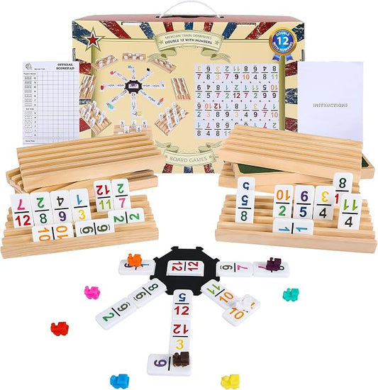 Mexican Train Dominoes Set Double 12 with Numbers, Dominoes Set for Adults and Family, Mexican Train Double 12 Numbers Dominos Set - 91 Tiles, 9 Trains, 8PCS Wooden Holders, Hub, Instruction