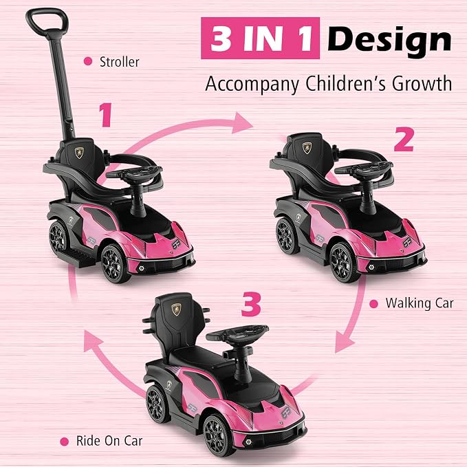 Costzon Push Cars for Toddlers, 3 in 1 Licensed Lamborghini Stroller Sliding Walking Car w/Handle, Armrest Guardrail, Underneath Storage, Horn, Foot-to-Floor Ride On Toy for Boys Girls (Pink)