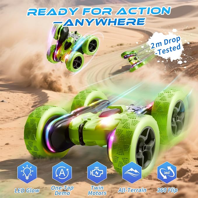 Remote Control Stunt Car – 4WD 360° Flip Double‑Sided RC Car LED Light Bar & Modular USB‑C Battery, 2.4 GHz Off‑Road Toy, Birthday for Boys Girls Ages 6‑12, Green