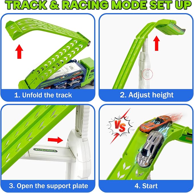 Kids Toys for 3 4 5 6 7 8 Years Old Boys, Carrier Truck Transport Car Toys, Foldable 2 Layer Car Race Track Playset with 25-in Race Track, 6 Metal Toy Cars, Birthday Toy Gift for Toddler Boys Girls