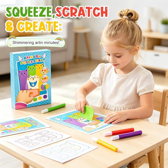 Rainbow Squeeze Art Kit, DIY Creative Scratch Art Kit for Kids, Magic Artistic ＆ Creative Squeegee Painting Set, for Drawing ＆Postcards, Favors Novelty Gifts for Boys ＆ Girls (Blue)