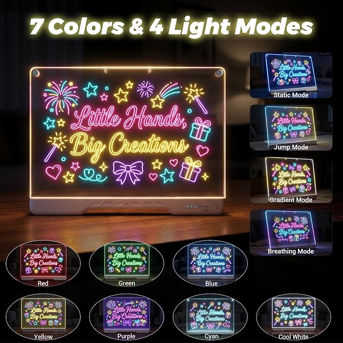 HASSKY Rechargeable LED Drawing Board, 7 Colors 4 Light Modes Glow Doodle Pad, Dry Erase Light Up Note Board with Built-in Stand, 6H Battery Life Art Kit for Kids Girls Boys Birthday Gifts