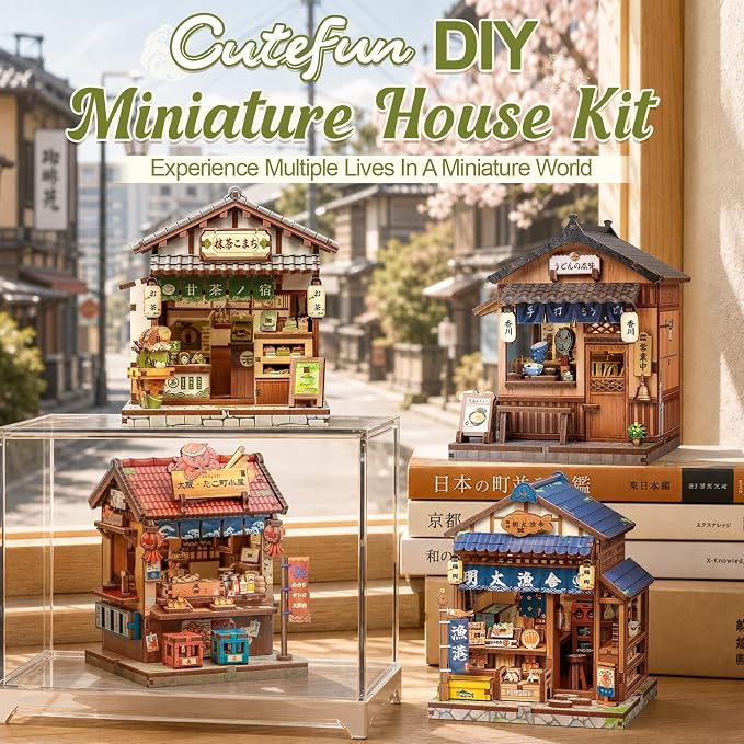 Cutefun DIY Miniature House Kit, 128 Pcs 3D Wooden Puzzle Tiny House Mini House Building Kit for Beginners & Teens, Palm-Sized Japanese Booknook Dollhouse for Bookshelf Decor (Kyoto Matcha Cottage)
