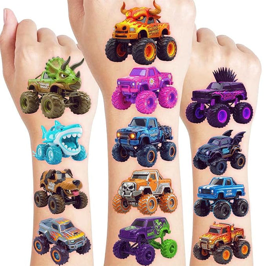 Monster Truck Temporary Tattoos for Kids - 96 Pcs Pre-Cut 3D Cute | Art Style Tattoos, 8 Sheets Dinosaur & Shark Truck Stickers for Boys Birthday Party Favors, Goodie Bag Stuffers, Rewards