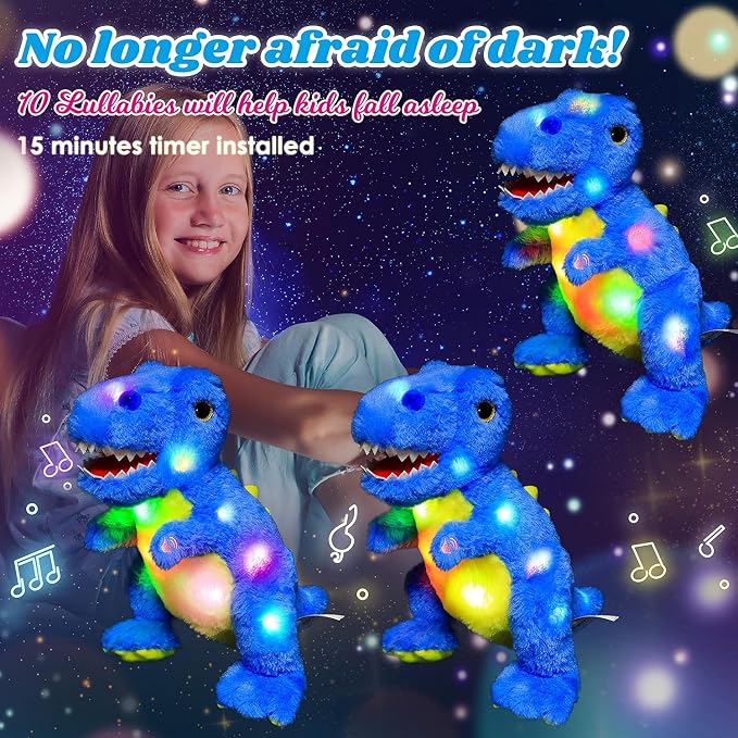 Light-up Singing Plush Blue Dinosaur LED Musical Stuffed Animal T-Rex Adjustable Volume Lullaby Plushies Birthday Christmas Toy Gifts for Kids Toddler Girls, 12"