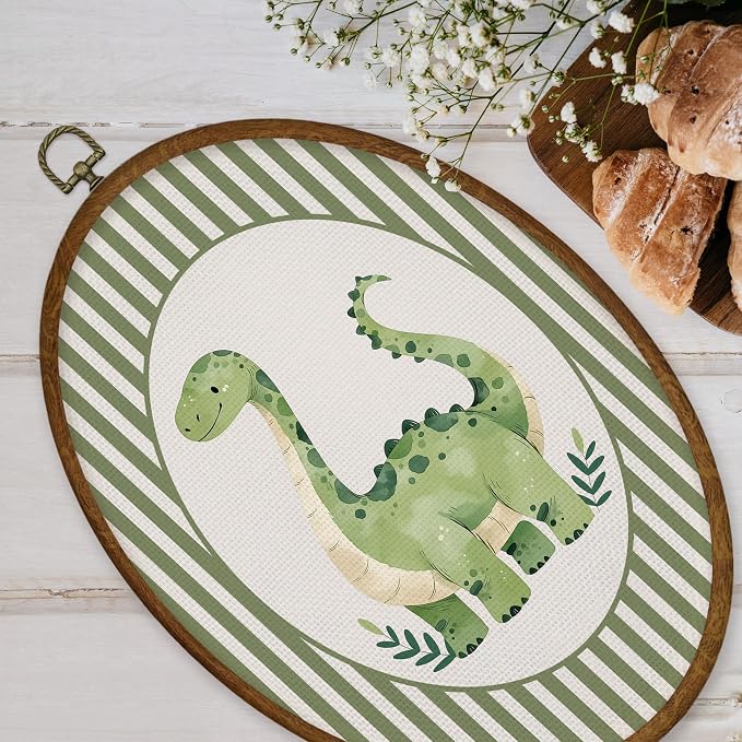WULQYING Vintage Dinosaur Nursery Wall Art Decor, Boys Room Oval Framed Canvas Art Prints, Green Striped Brontosaurus Dino Wall Hanging Decor for Kids Boys Room Bedroom Playroom, 8.6x11.4 Inches