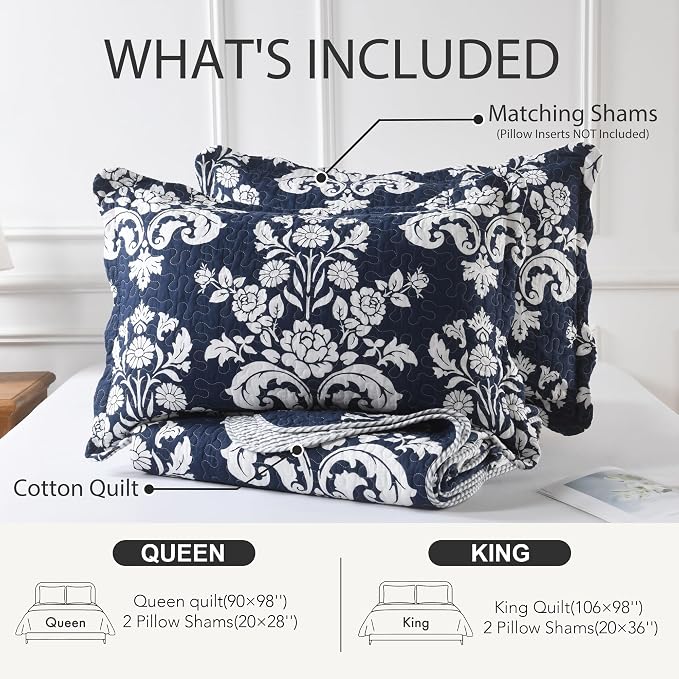 Navy Blue Quilt Set King Size, 100% Cotton Reversible Farmhouse Quilt with Elegant Botanical Floral Pattern, Scalloped Edge Bedspread Coverlet, Lightweight All Season Bedding Set with 2 Shams