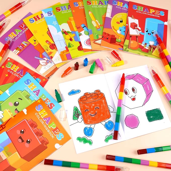 BenLouis 24 Pcs Building Block Mini Coloring Books Kids Geometric Shapes Party Favors Small Activity Books Bulk for Kids Building Birthday Goodie Bags Stuffers Return Gifts Classroom Travel