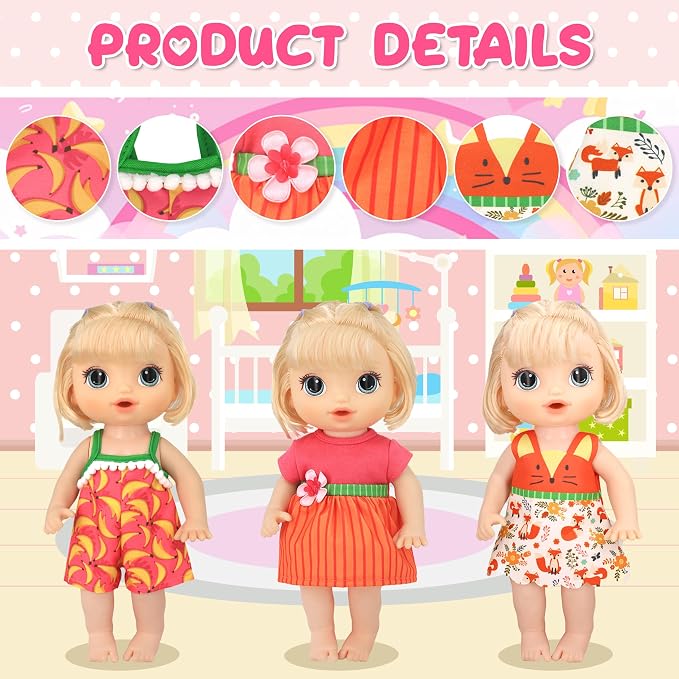 ECORELF 10 Set Alive Baby Doll Clothes, Doll Clothes and Accessories for 10-12 Inch Girl Dolls Outfits Include Cute Jumpsuit, Skirts