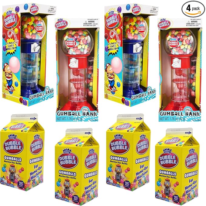 Gumball Machine for Kids 4-Pack, Coin Operated Bubble Gum Machine and Toy Bank, 10.5" Inch Tall Spiral Fun Candy Dispenser Includes 150 Gum Balls, Great Candy Dispenser Gift for Girls and Boys
