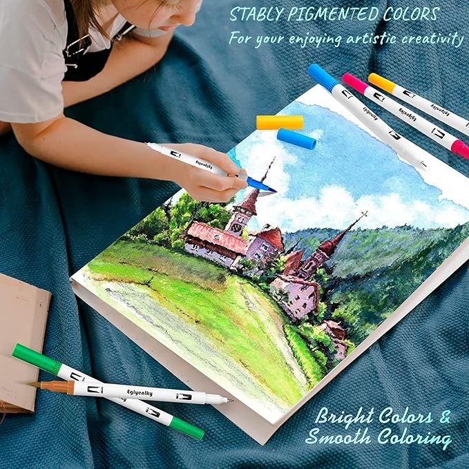 Eglyenlky Markers for Coloring Book Adults Relaxation, Dual Tip Brush Pens with 100 Watercolor Fine Tip Markers and Brush Pens for Kids Coloring