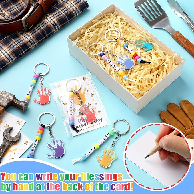 Suncalla 996 Pcs 24 Set Father's Day Keychain Making Kit DIY Bead Keychain Crafts Father's Day Adjustable Letter Beads Handprint Keyrings Cards Strings Gift Kit Accessories Party Favors for Dad