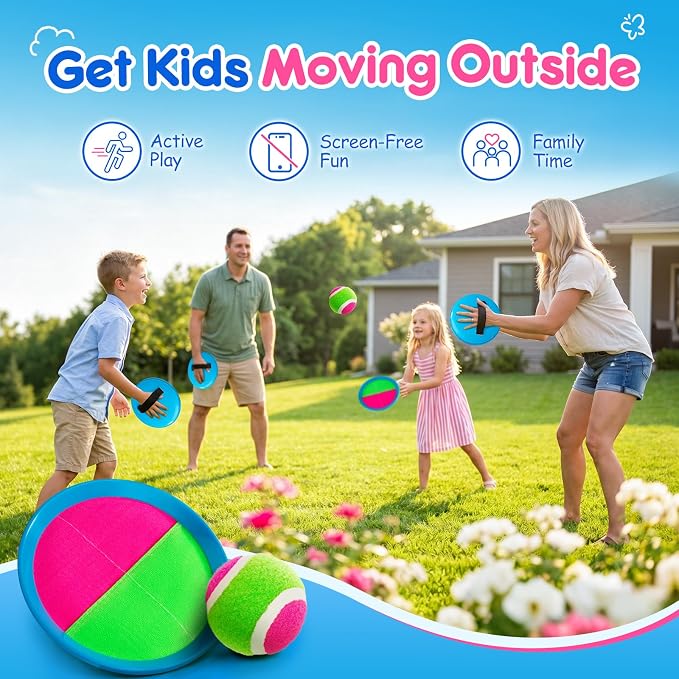 Toss and Catch Ball Game Set, Upgraded Sticky Paddle Ball Set for Kids & Toddlers, Sturdy & Water-Resistant Outdoor Backyard Beach Pool Toy, Birthday Gift for Boys Girls Ages 3-12