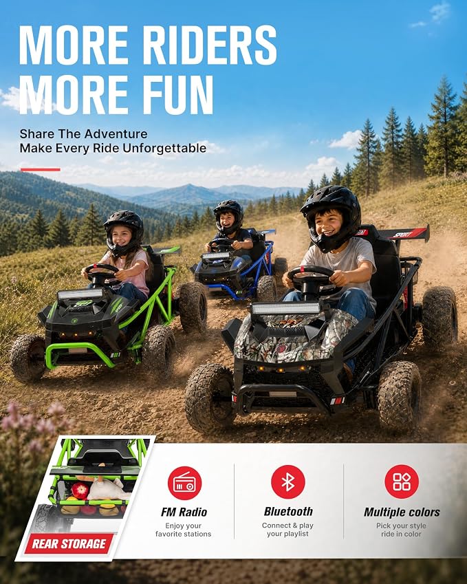 First Ride On 36V Kids Off-Road Go Kart, 400W Electric Ride-On Car for Ages 6+, Up to 9.3 MPH, EVA Tires, Metal Frame, Hall Throttle, Electronic Brake, Adjustable Seat, Bluetooth (Green)