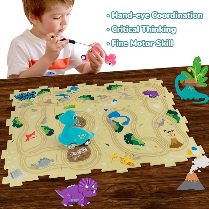 YOOYID Puzzle Racer Kids Car Track Set with 2 Dino Cars, Kids Toys Boys 3-5, Toys for 3 4 5 6 Year Old Boys, Toys for Ages 3-4, Car Tracks for Toddlers, Montessori Toys for 3+ Year Old