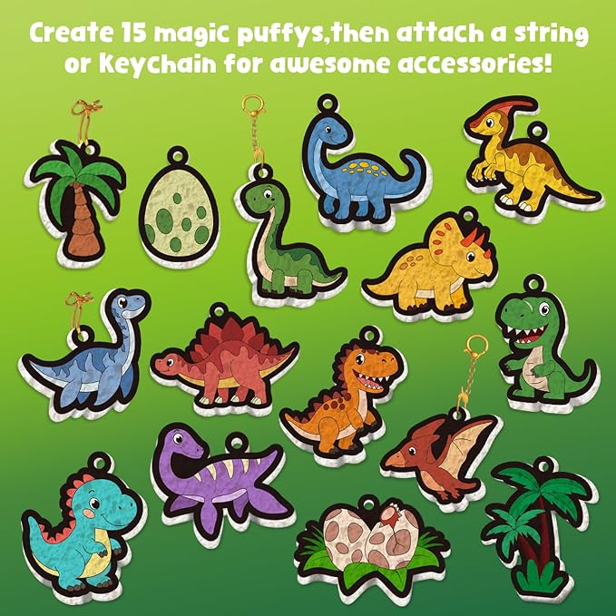 MZYTOZA 3D Art Kit Aqua Magic Puffs Dinosaur - Double-Sided, 15 Mess-Free Paint by Number Craft for Kids, Christmas Gift Idea & Stocking Stuffer, Art Projects with Puff Markers