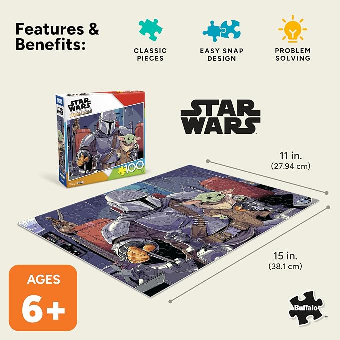 Buffalo Games Star Wars The Mandalorian & The Child 100 Piece Jigsaw Puzzle - 15 x 11 in, Includes Poster - Puzzles for Kids Ages 6-8 - Family Game Night - Beginner Skill Level