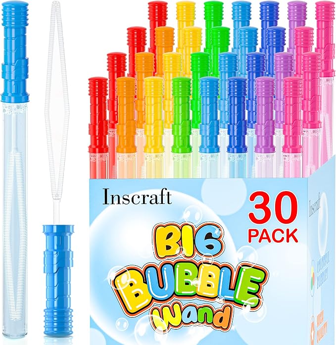 Inscraft 30 Pack 14’’ Big Bubble Wands, 8 Colors 1 Hole Wands x30 for Summer Toy, Outdoor/Indoor Activity, Easter, Birthday, Graduation, Bubbles Party Favors for Kids