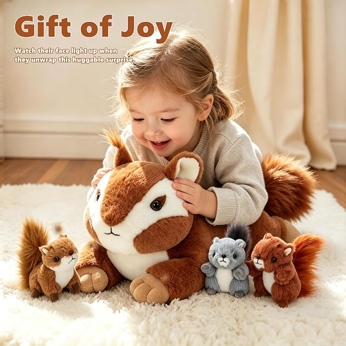 Tezituor Chipmunk Stuffed Animal, Soft Stuffed Squirrel for Kids,17.7" Squirrel Plush Toys Bulk,Realistic Mommy Chipmunks Plushie with 3 Babies for Christmas,Valentines,Easter,Birthday,Party Decor