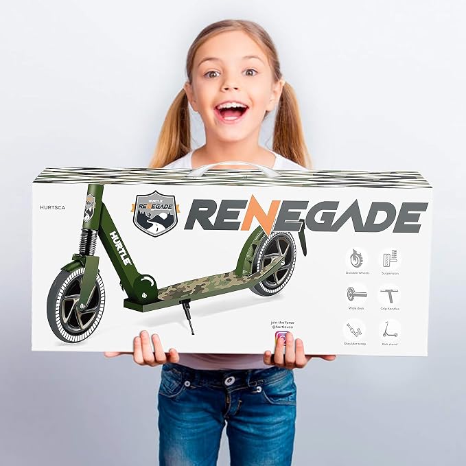 Hurtle Renegade Kick Scooter for Kids, Teenagers & Adults - 2-Wheel Folding Scooter with Adjustable T-Bar Handlebar - Alloy Anti-Slip Deck