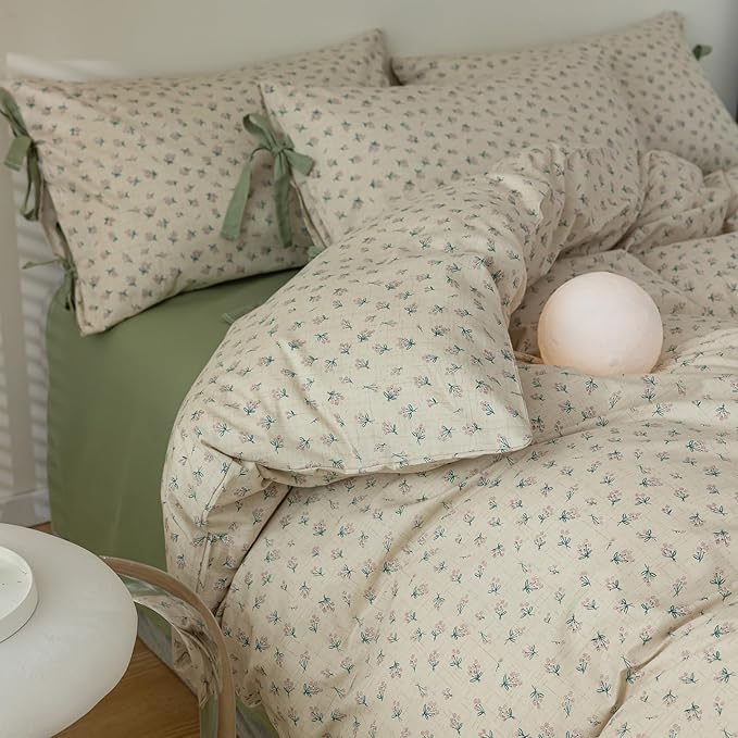 LifeTB Full Comforter Set Vintage Green Floral Bedding Comforter Boho Flower Cottagecore Comforter with 2 Bow Ties Pillowcases Fluffy Lightweight Bedding Farmhouse Botanical Comforter Set