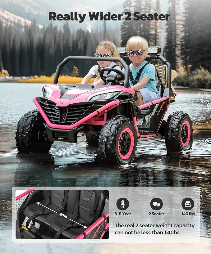 ELEMARA 24V Ride on Car for Kids, 2 Seater XL 20" Seat Ride on Toy, 10AH 4WD Battery Powered 4.5MPH Electric Car with Remote, 3 Speeds, Music Gift for Ages 3-8
