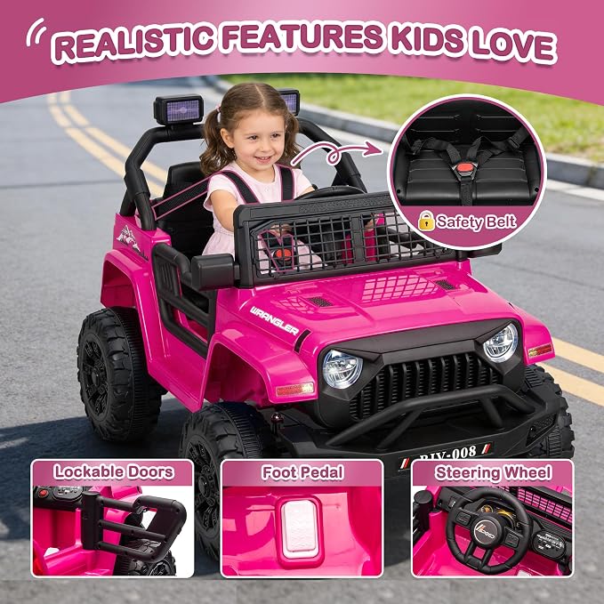 12V 7AH Kids Ride-On Truck Jeep, Electric Car with Parent Remote Control, Spring Suspension, LED Lights, Bluetooth, Music, Pink