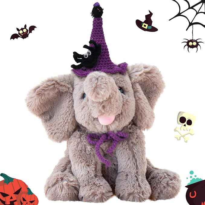 Hopearl Adorable Halloween Plush Calf Elephant Toy with Knitted Witch Hat Floppy Elephish Ultra Soft Haggable Stuffed Animal Gift for Boys Girls Kids Toddlers, Gray, 10''
