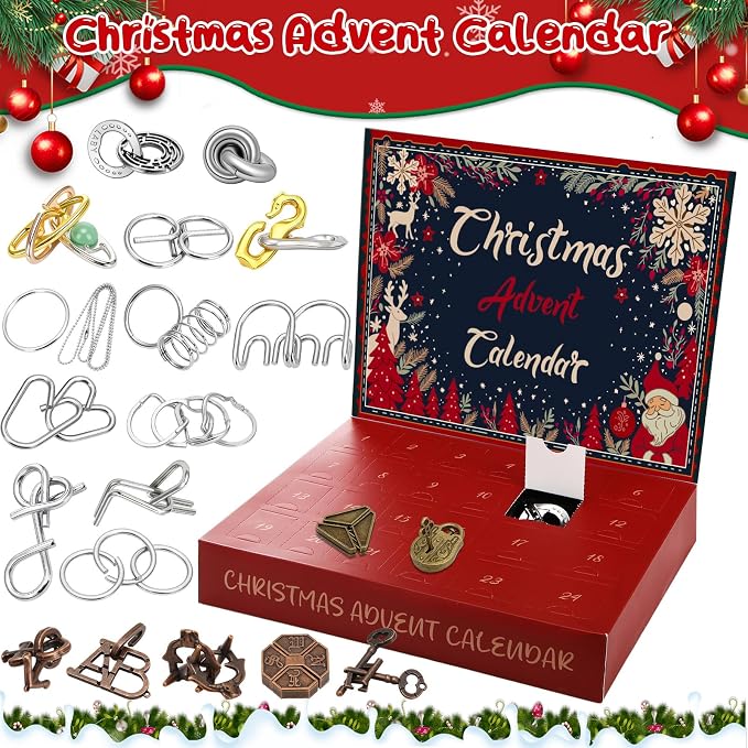 Skylety 24 Pcs Christmas Brain Teaser Puzzles Advent Calendar 2026 for Adults Bulk 3D Metal Wire Rings Teaser Puzzles Challenge Gifts with 24 Days Box for Christmas Countdown Holiday Birthday Party