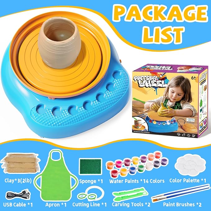 Vinkp Pottery Wheel for Kids - Complete Pottery Painting Kit Arts and Crafts for Kids Ages 8-12 with Air Dry Clay Art Supplies for Girls Boys Toys Birthday Gifts for 6 7 8 9 10 11 12 - Blue