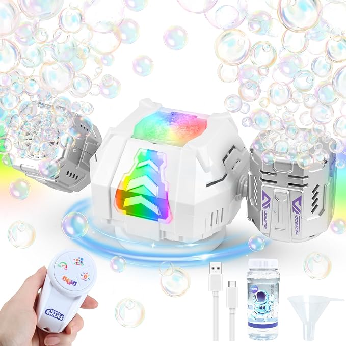 New RC Bubble Machine with RGB Lights, 360° Auto Rotation Bubbles Toy, Rechargeable Battery, Bubble Blower Maker for Kids, Parties, Birthday Gift, Weddings, Indoor Outdoor Activity, Silver-Purple