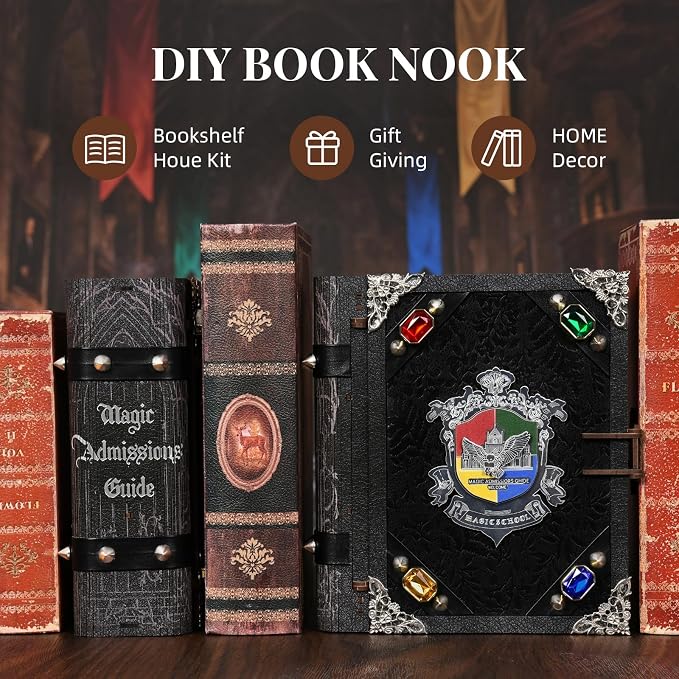 MiniCity DIY Book Nook Kits for Adults, Miniature Dollhouse Booknook Kit, 3D Wooden Puzzle Creative Decorative Bookends Bookshelf Diorama Insert Crafts Hobbies Gifts (Magic Admissions Guide)