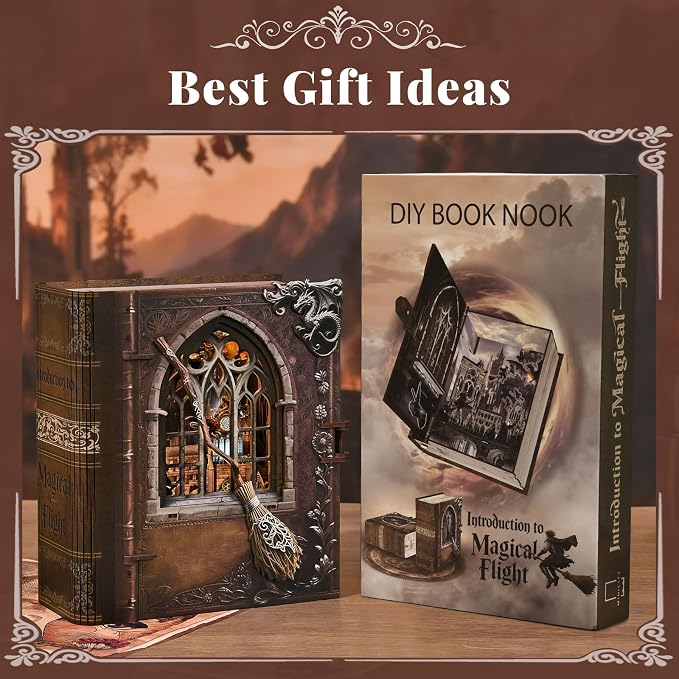 CCCDF Book Nook Kit, DIY Miniature Dollhouse Magic Book for Adults and Teens, 3D Wooden Puzzle Bookends with Sensor Led Light, Gifts for Family, Friends (Introduction to Magical Flight)