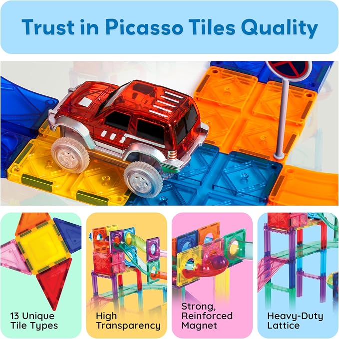 PicassoTiles 108 Pcs Marble Run with Race Track Set with Magnetic Tiles Cars and Marbles STEM Learning Toy 3-in-1 Building Construction Kit for Indoor Activity Development Boys & Girls Ages 3+ PTG108