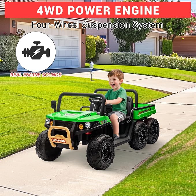 Hetoy 2 Seater Ride on Dump Truck, 24V Electric Vehicle Toys for Kids with Remote Control, Ride on Car with Electric Dump Bed, Toy Shovel, Music, LED Headlights & Spring Suspension- Ages 3+ (Green)