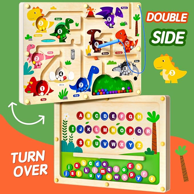 2 in 1 Magnetic Color and Number Maze Double-Sided ABC Alphabet Puzzles Board Magnet Dinosaur Counting Maze Preschool Learning Montessori Education 3 4 5 Years Toys (Multicolored, One Size)