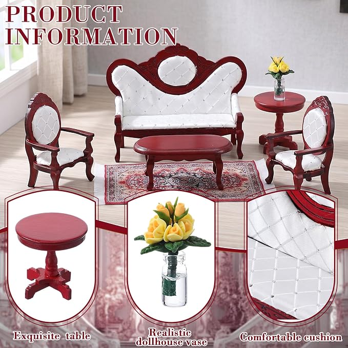 Skylety 7 Pcs Victorian Dollhouse Furniture Set 1: 12 Scale Wooden Mini House Living Room Furniture and Accessories, Sofa Table Chairs Vase for Adults Toys Gift Retro Miniature Doll House Accessories