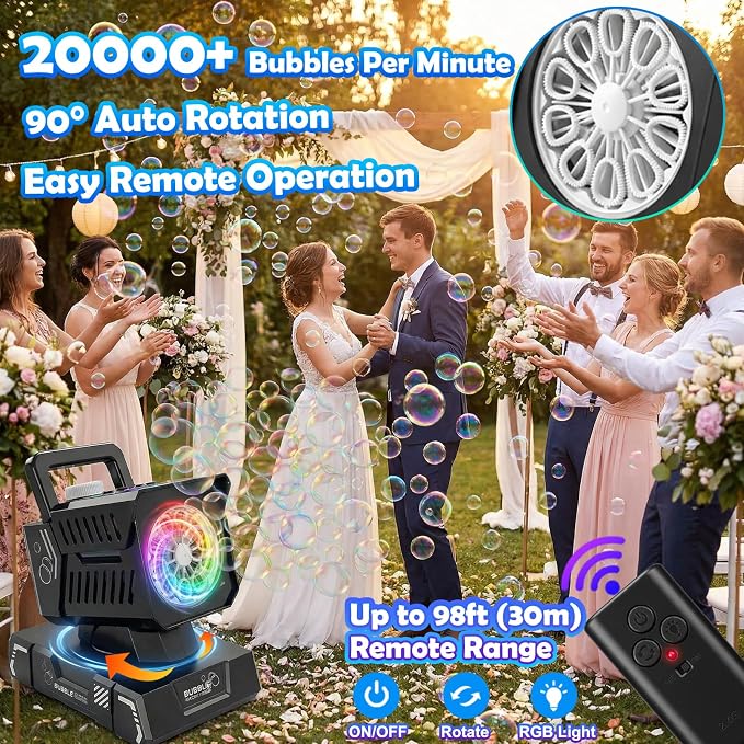 Bubble Machine for Kids, Rechargeable Bubble Maker with Remote & RGB Lights, Automatic Rotating Battery Bubble Blower for Birthday Parties, Weddings, Outdoor Activities, Pets