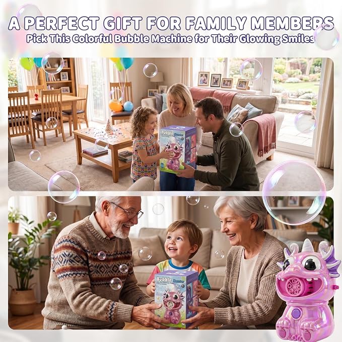 No Spill Bubble Machine for Kids, Rechargeable Bubble Monster (Pink) | Unique Designs Fashion Polished Surface, Colorful Bubble Maker for Indoor Outdoor Birthday Party Xmas Present