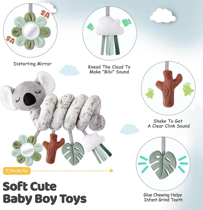 Stuffed Aesthetic Koala Spiral Car Seat Toys for Babies, Gender Neutral Infant Stroller Toy with Teether Hanging, Baby Registry Search Must Haves 0-6 Months